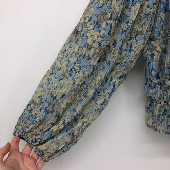 ASTR The Label  Elva Floral Long Ruffle Sleeve Square Neck Blue Taupe blouse LG - Picture 11 of 16